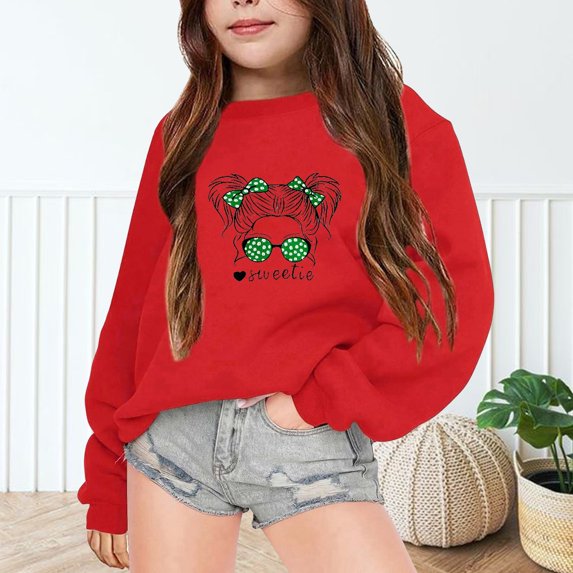 Crewneck Sweatshirt Girls Letter Print Crew Neck Long Sleeve Pullover Sweatshirt Hoodless Top Red 7-8 Years