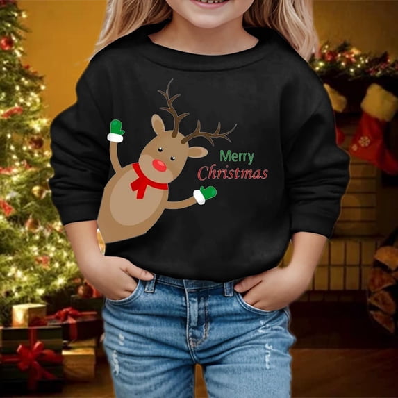 Crewneck Sweatshirt Kids Christmas Print Pullover Crew Neck Long Sleeve Hoodless Sweatshirt Black 4-5 Years