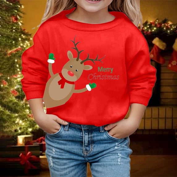Crewneck Sweatshirt Kids Christmas Print Pullover Crew Neck Long Sleeve Hoodless Sweatshirt Red 6-7 Years