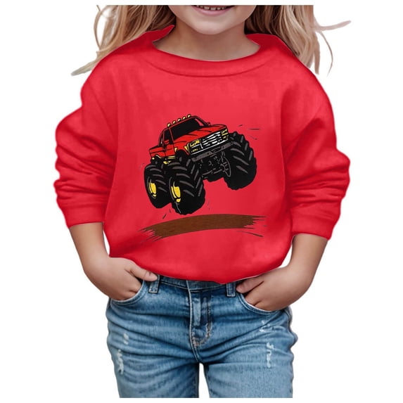 Crewneck Sweatshirt Kids Fashion Print Crew Neck Sweatshirt Long Sleeve Casual Hoodless Top Red 3-4 Years