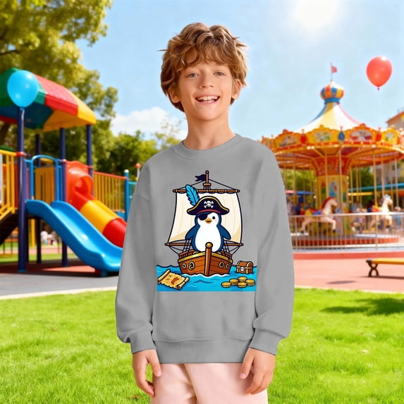 Crewneck Sweatshirt Kids Print Loose Fleece Crew Neck Hoodless Sweatshirt Long Sleeve Pullover Grey 11-12 Years