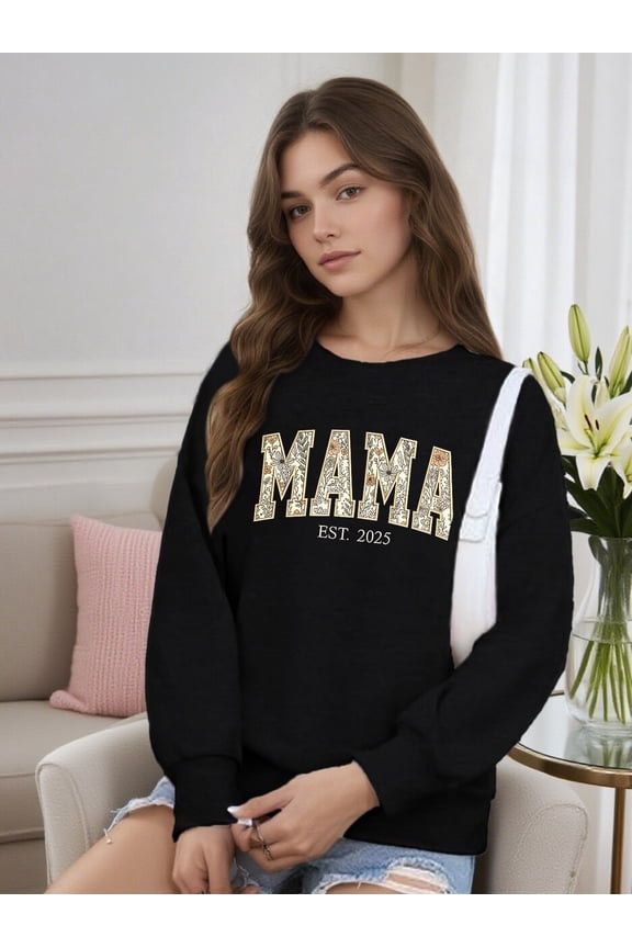 Mama Sweatshirt for Women Crew Neck Long Sleeve Shirt Casual Loose Black Top