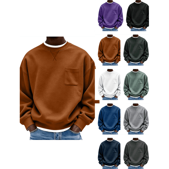 Crewneck Sweatshirt Nelozsy Men's Solid Color Crew Neck Loose Long Sleeve Comfortable Hoodies Sweatshirts Tops Brown XL