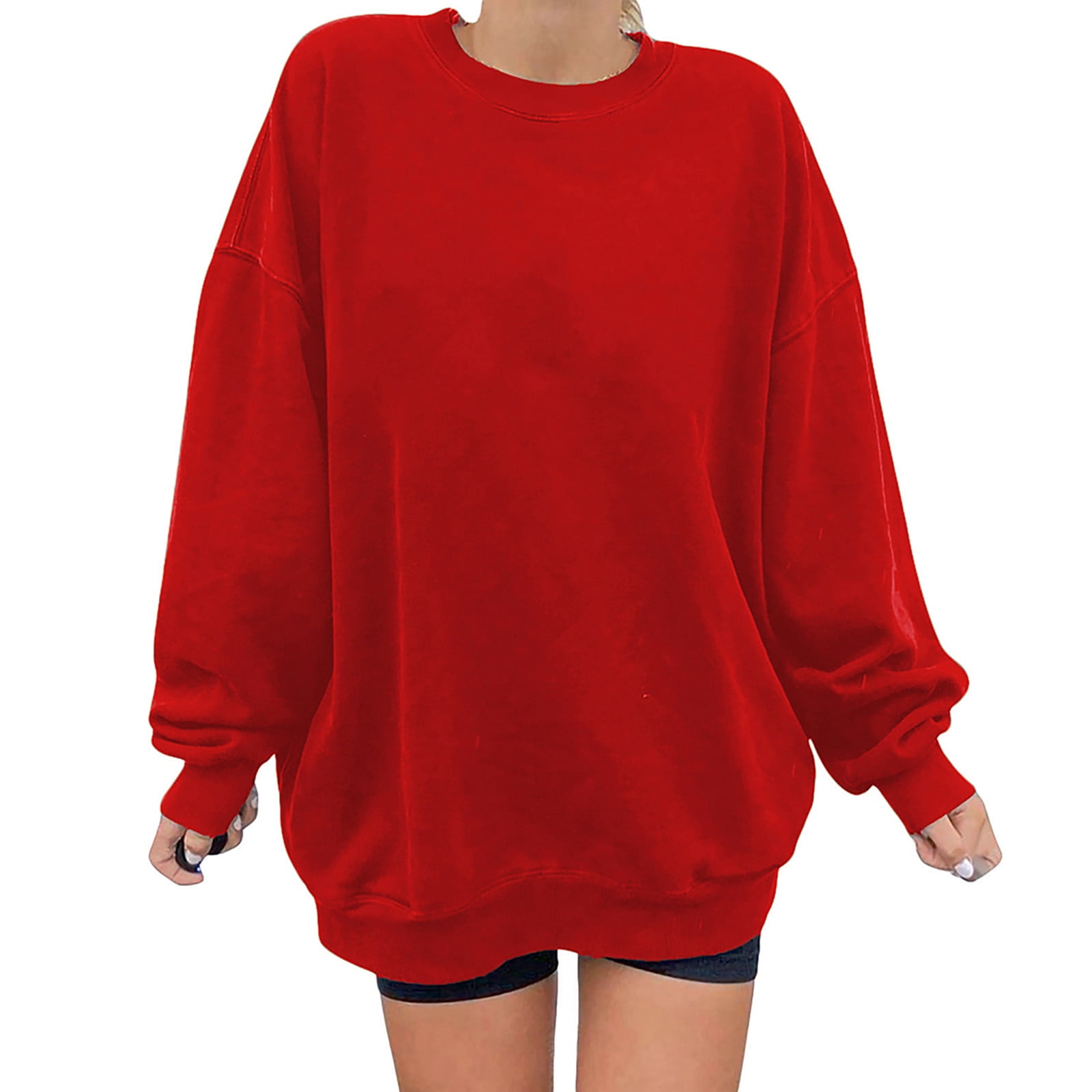 Crewneck Sweatshirt Women Long S1eeve Pullover Sweatshirts Solid Red L