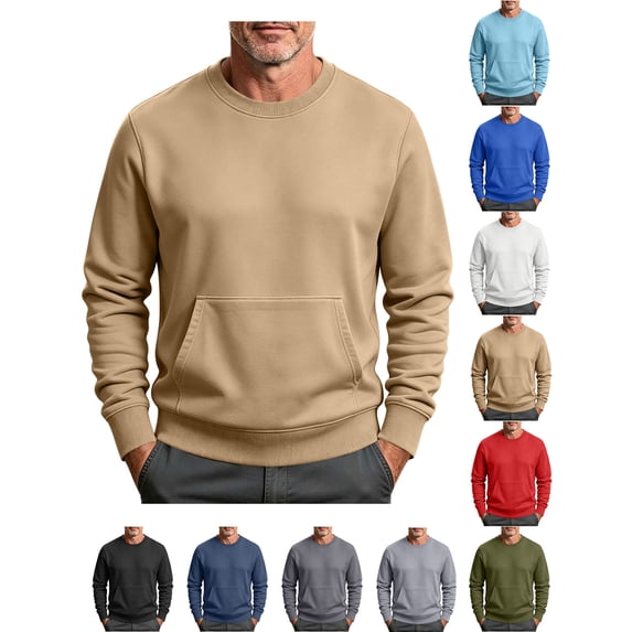 Crewneck Sweatshirt Zaewscy Men Long Sleeve Solid Round Neck Pocket Sport Sweatshirts Khaki L