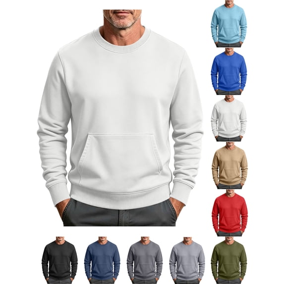 Crewneck Sweatshirt Zaewscy Men Long Sleeve Solid Round Neck Pocket Sport Sweatshirts White S