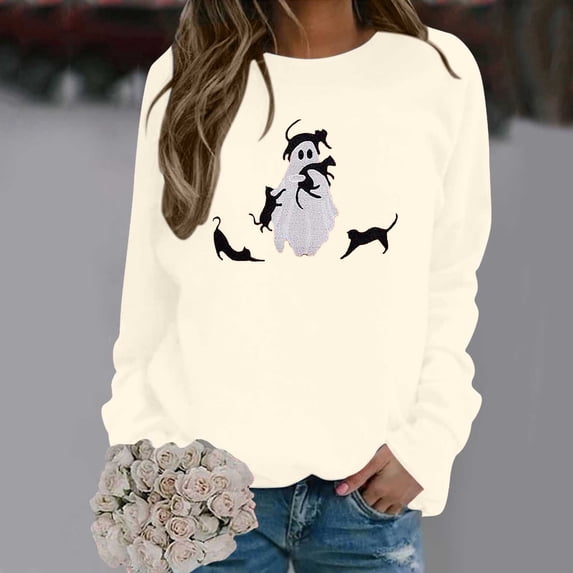 Crewneck Sweatshirt for Women Ghost Black Cat Graphic Long Sleeve Pullover Cutecore Streetwear Halloween Top Fall Spring Outfits Beige L