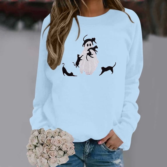 Crewneck Sweatshirt for Women Ghost Black Cat Graphic Long Sleeve Pullover Cutecore Streetwear Halloween Top Fall Spring Outfits Light Blue L