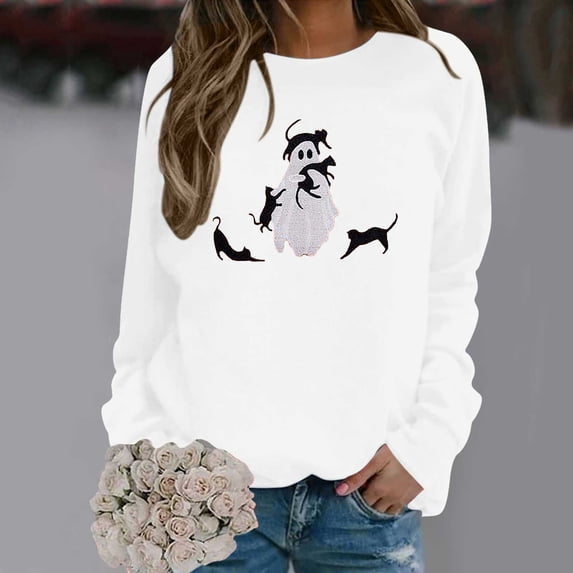 Crewneck Sweatshirt for Women Ghost Black Cat Graphic Long Sleeve Pullover Cutecore Streetwear Halloween Top Fall Spring Outfits White L