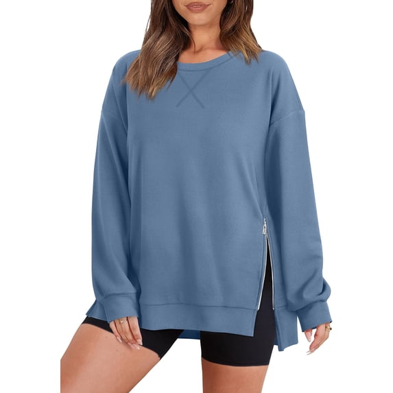 Crewneck Sweatshirt for Women Loose Fit Oversized Pullover Side Slit Zipper 2023 Fall