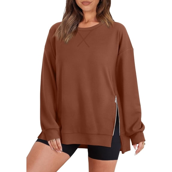 Crewneck Sweatshirt for Women Loose Fit Oversized Pullover Side Slit Zipper 2023 Fall