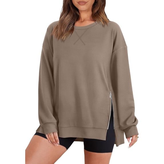 Crewneck Sweatshirt for Women Loose Fit Oversized Pullover Side Slit Zipper 2023 Fall