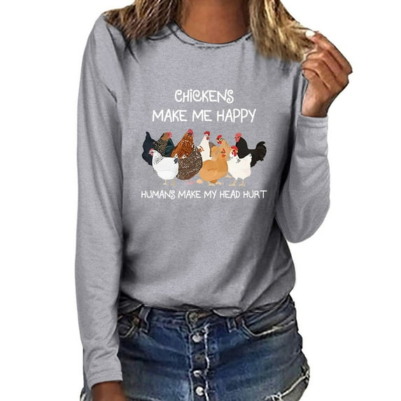 crewneck sweatshirts Clearance! Weikingp CHICKENS MAKE ME HAPPY Funny Printed Round Neck Long Sleeve T Shirt graphic sweatshirts comfortable sweatshirts casual wear