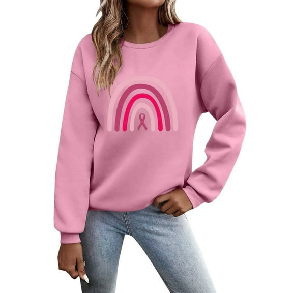 Crewneck Sweatshirts with Pink Ribbon Printed Women Long Sleeve Tops 2025 Fall Fashion Clothes Winter Pullover Support Cancer Patients (Pink, XXL)