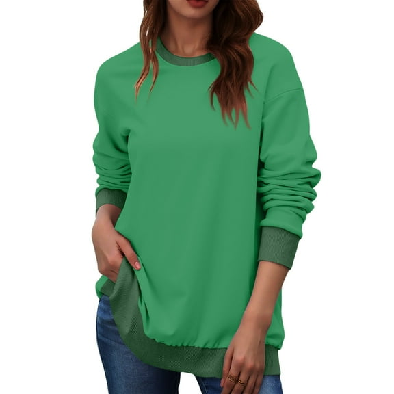 Crewneck Sweatshirts Women Casual Long Sleeve Tops Fall Cute Pullover Sweatshirts No Hood Solid Color Sweat Shirts Green M