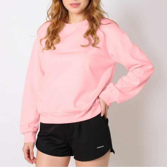 Crewneck Sweatshirts Women Casual Long Sleeve Tops Fall Cute Pullover Sweatshirts No Hood Solid Color Sweat Shirts Pink M