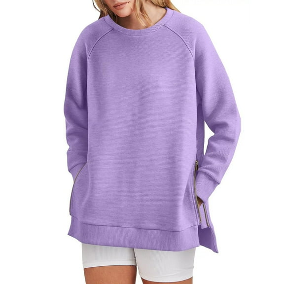 Crewneck Sweatshirts Women, Comdrip Women's Oversized Sweatshirts Crewneck Long Sleeve Pullover Shirts Side Zipper 2025 Fall Clothes Womens Crewneck Sweatshirt Purple 2XL