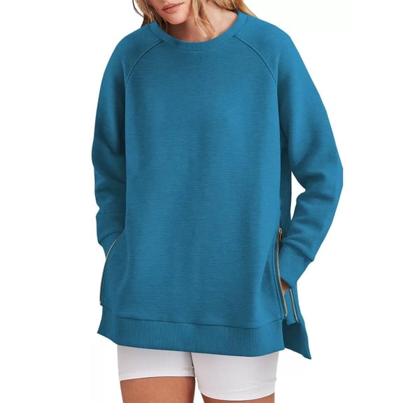 Crewneck Sweatshirts Women, Comdrip Women's Oversized Sweatshirts Crewneck Long Sleeve Pullover Shirts Side Zipper 2025 Fall Clothes Womens Crewneck Sweatshirt Blue 2XL