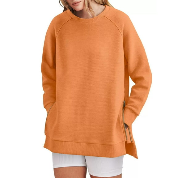 Crewneck Sweatshirts Women, Comdrip Women's Oversized Sweatshirts Crewneck Long Sleeve Pullover Shirts Side Zipper 2025 Fall Clothes Womens Crewneck Sweatshirt orange 2XL