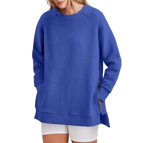 Crewneck Sweatshirts Women, Comdrip Women's Oversized Sweatshirts Crewneck Long Sleeve Pullover Shirts Side Zipper 2025 Fall Clothes Womens Crewneck Sweatshirt Dark Blue 2XL
