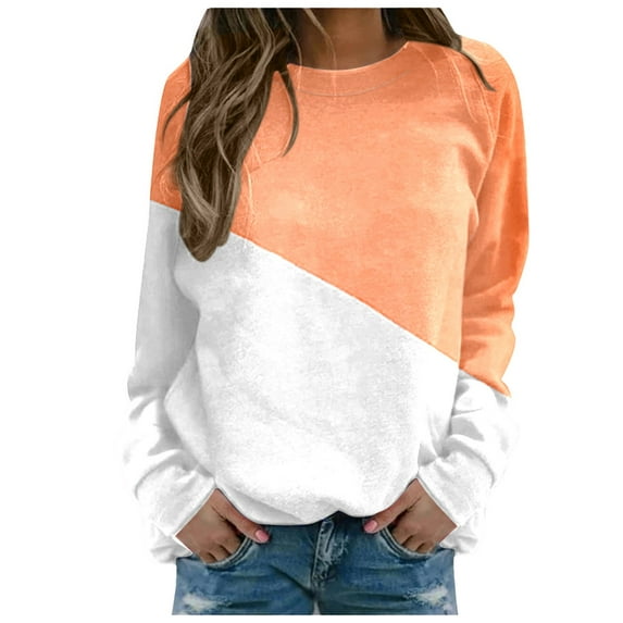 Crewneck Sweatshirts Women Fall Winter Oversized Crew Neck Long Sleeve Cap Drop Shoulder Colorblock Leisure Cotton T Shirts Pullovers(Orange,XL)