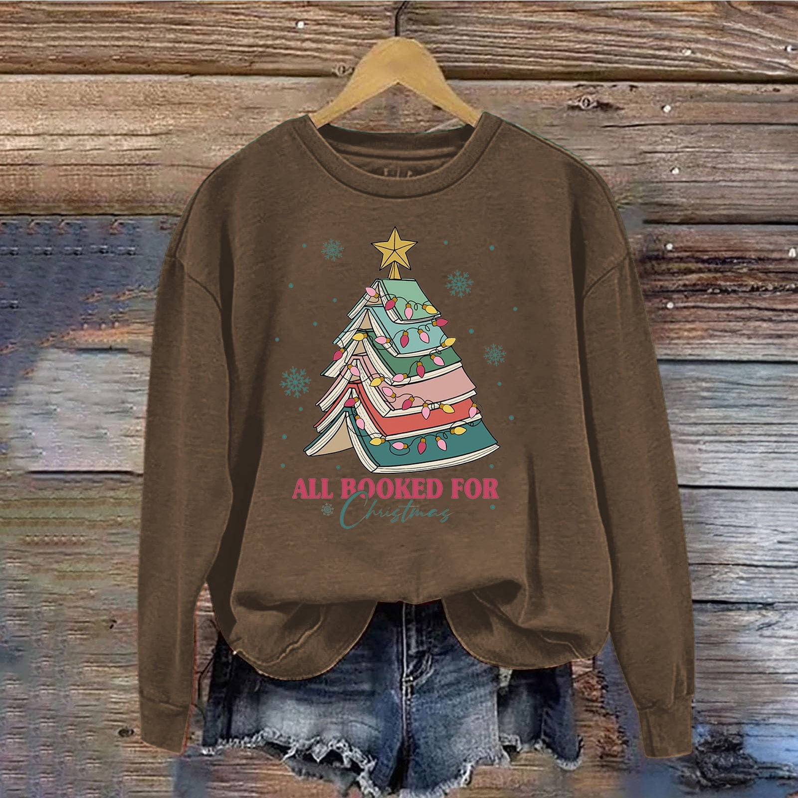 Crewneck Sweatshirts Women Fashion Novelty Book Christmas Tree Print