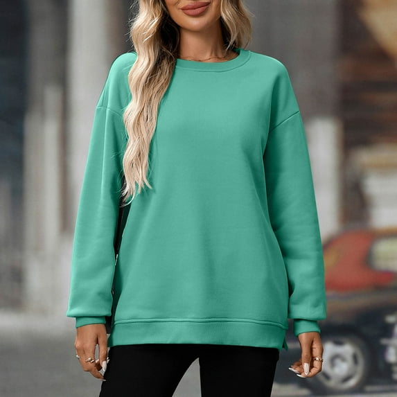 Crewneck Sweatshirts Women, Fashion Women Round Neck Long Sleeve Solid Loose Sweatshirt Blouse, Mint Green L