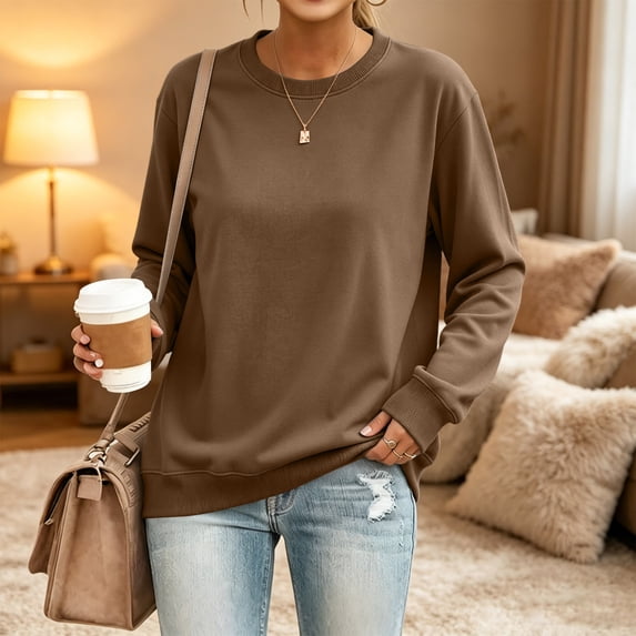 Crewneck Sweatshirts Women Long Sleeve Crew Neck Sweatshirt Trendy Casual Pullover Tops Fall Winter Outfits Brown L
