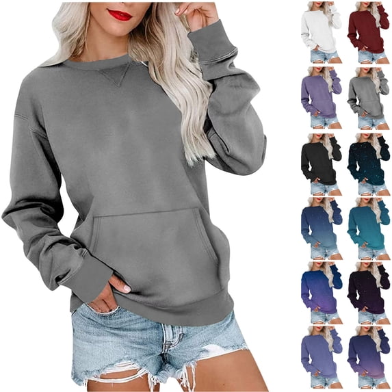 Crewneck Sweatshirts for Women Long Sleeve Pullover Fleece Hoodies with Pocket Casual Solid Loose Fall Fashion Sweaters Comfy Lightly Winter Outfit Clothes