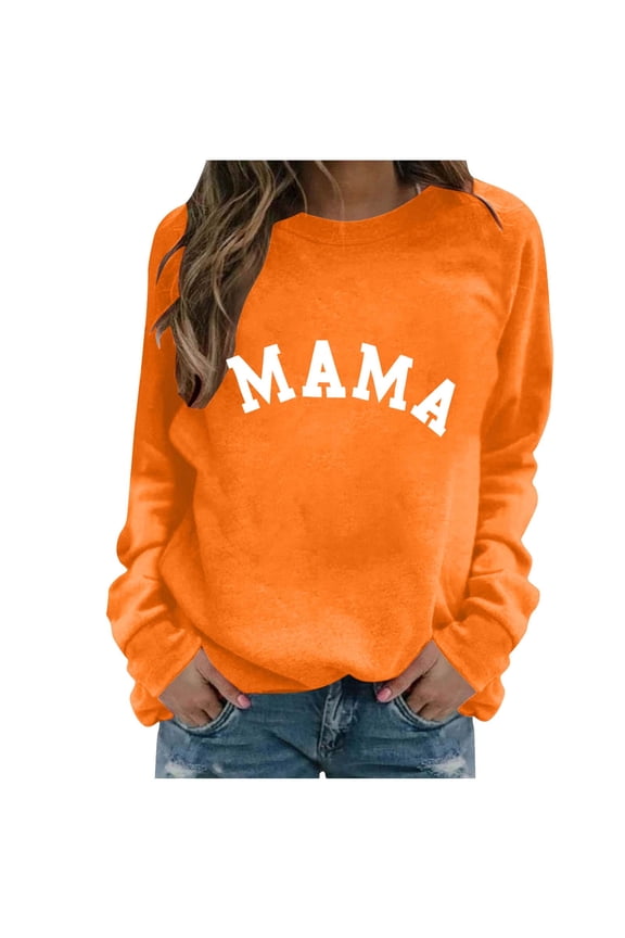 Crewneck Sweatshirts Women Mama Letter Print Pullover Top Fleece Long Sleeve Hoodies Winter Warm Tops Casual Loose Fit Tops Fashion Trendy Outfits Mother Gift Shirts Thermal Clothes