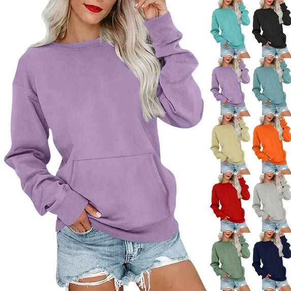 Crewneck Sweatshirts Women No Hood Pullover Sweatshirt with Pockets Comfort Casual Long Sleeve Crew Neck Solid Tops Black L
