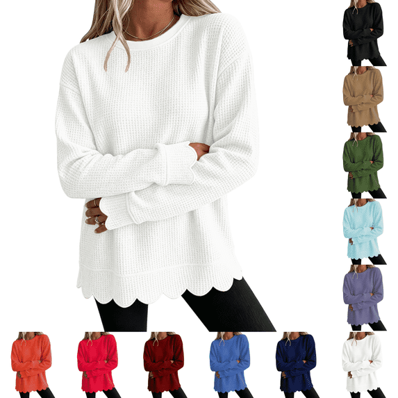 Crewneck Sweatshirts Women Oversized Scalloped Casual Pullover Long Sleeve Comfort Soft Cute Sweater Relaxed Loose Fit Lightweight Loungewear Athletic Daily Trendy Fall Outfits White L