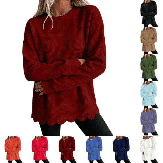 Crewneck Sweatshirts Women Oversized Scalloped Casual Pullover Long Sleeve Comfort Soft Cute Sweater Relaxed Loose Fit Lightweight Loungewear Athletic Daily Trendy Fall Outfits Wine L