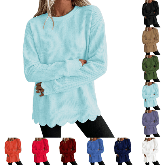 Crewneck Sweatshirts Women Oversized Scalloped Casual Pullover Long Sleeve Comfort Soft Cute Sweater Relaxed Loose Fit Lightweight Loungewear Athletic Daily Trendy Fall Outfits Light Blue M