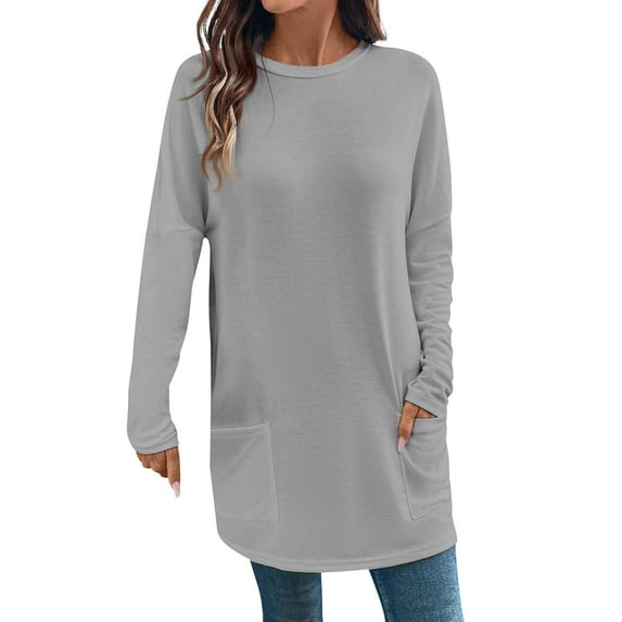 Crewneck Sweatshirts Women Scoop Neck Comfort Loose Fitting Long Sleeve Solid Color Long Sleeve Tops for Woman with 2 Pockets Gray Size 3XL