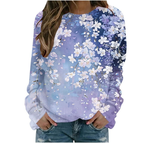Crewneck Sweatshirts Womens Trendy Floral Printed Long Sleeve Fall Winter Casual Tunic Tops Loose Fit (S, Purple 01)
