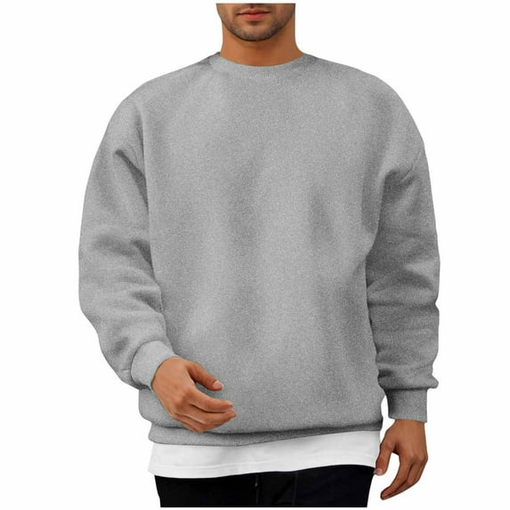 Crewneck Sweatshirts for Men No Hood Fleece Lined Long Sleeve Shirts Mens Loose Pullover Solid Color Drop Shoulder Basic Going-Out Sweatshirt Tops