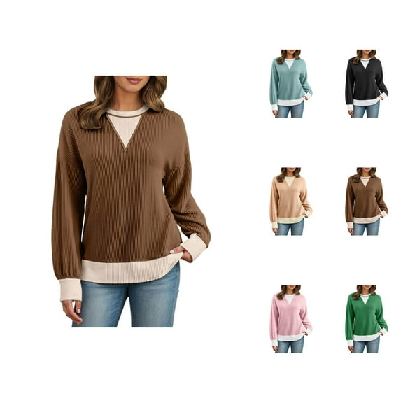 Crewneck Sweatshirts for Women 2025 Fall Winter Long Sleeve Casual Color Block Sweatshirt Pullover Tops
