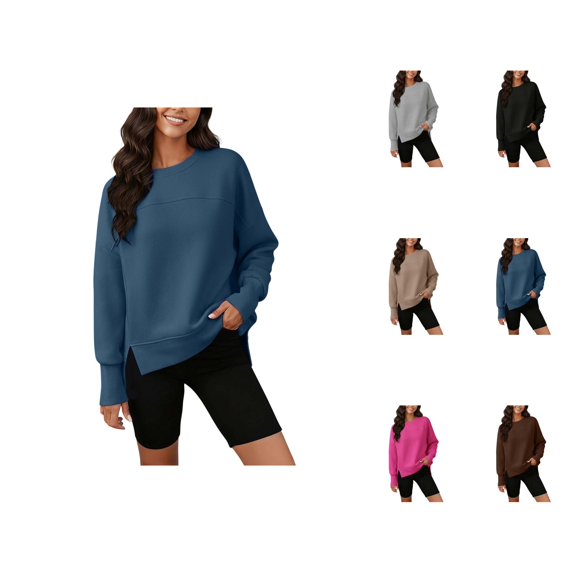 Crewneck Sweatshirts for Women 2025 Fall Winter Long Sleeve Side Slit Plain Sweatshirt Pullover Tops