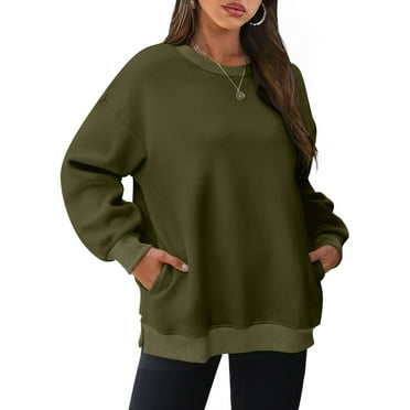 Crewneck Sweatshirts for Women Clearance without Hoodie Pullover Long Sleeve Fleece Lined Tops Casual Solid Side-Split Loose Sweatshirt with Pockets