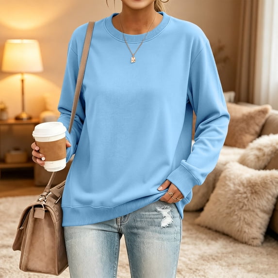 Crewneck Sweatshirts for Women Long Sleeve Solid Color Loose Pullover Casual Daily Fall Winter Tops Light Blue 3XL