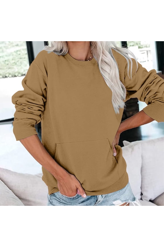 Crewneck Sweatshirts for Women No Hood Fall Casual Long Sleeve Pullover Tops Loose Sweatshirt with Pocket Light Brown M