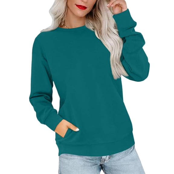 Crewneck Sweatshirts for Women No Hood Fall Casual Long Sleeve Pullover Tops Loose Sweatshirt with Pocket Turquoise XL