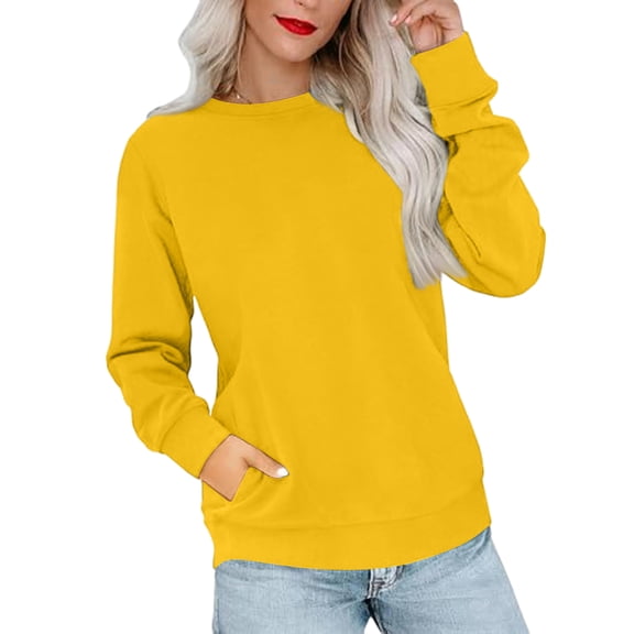 Crewneck Sweatshirts for Women No Hood Fall Casual Long Sleeve Pullover Tops Loose Sweatshirt with Pocket Yellow 2XL
