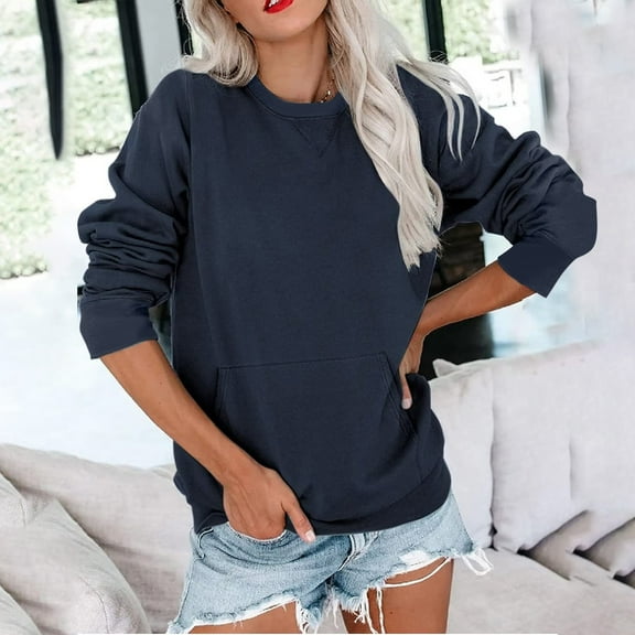 Crewneck Sweatshirts for Women No Hood Fall Casual Long Sleeve Pullover Tops Loose Sweatshirt with Pocket