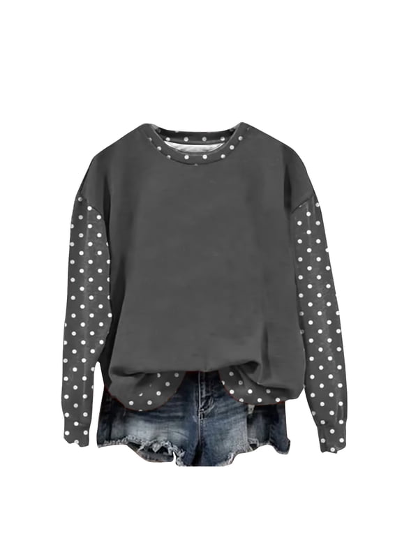 Crewneck Sweatshirts for Women Polka Dot Long Sleeve Oversized Pullover Top,Ladies Fall Winter Warm Sweatshirt Gray L