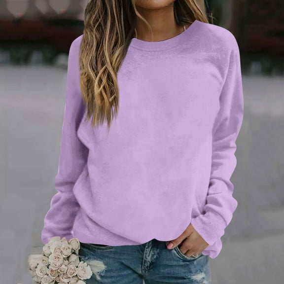 Crewneck Sweatshirts for Women Solid Color Long Sleeve Shirts O-Neck Pullover Tops