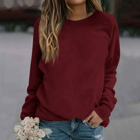 Crewneck Sweatshirts for Women Solid Color Long Sleeve Shirts O-Neck Pullover Tops