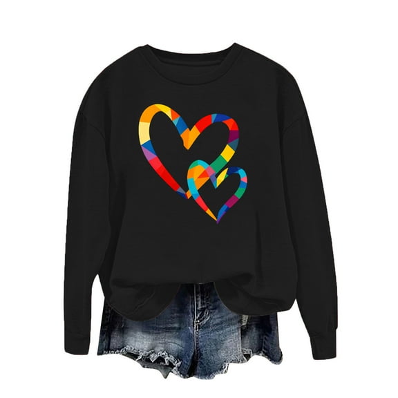 Crewneck Sweatshirts for Womens Valentines Love Heart Graphic Print Shirts Loose Fitting Long Sleeve Blouses Valentines Day Pullover Tops