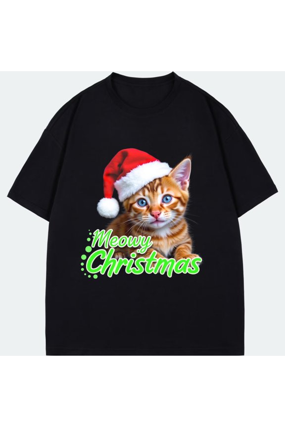 Crewneck T Shirt Black Cat Wearing Santa Hat Meowy Christmas Text Holiday Party Christmas Gift For Pet Lovers